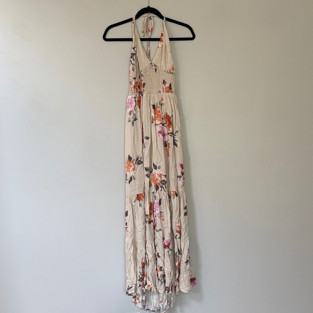 Style Rack Cream Floral Halter Maxi Dress with Pink & Orange Blooms